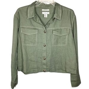 Rachel Zoe Top Shacket‎ Women's Sz M Green Linen Flax Lagenlook Pockets EUC